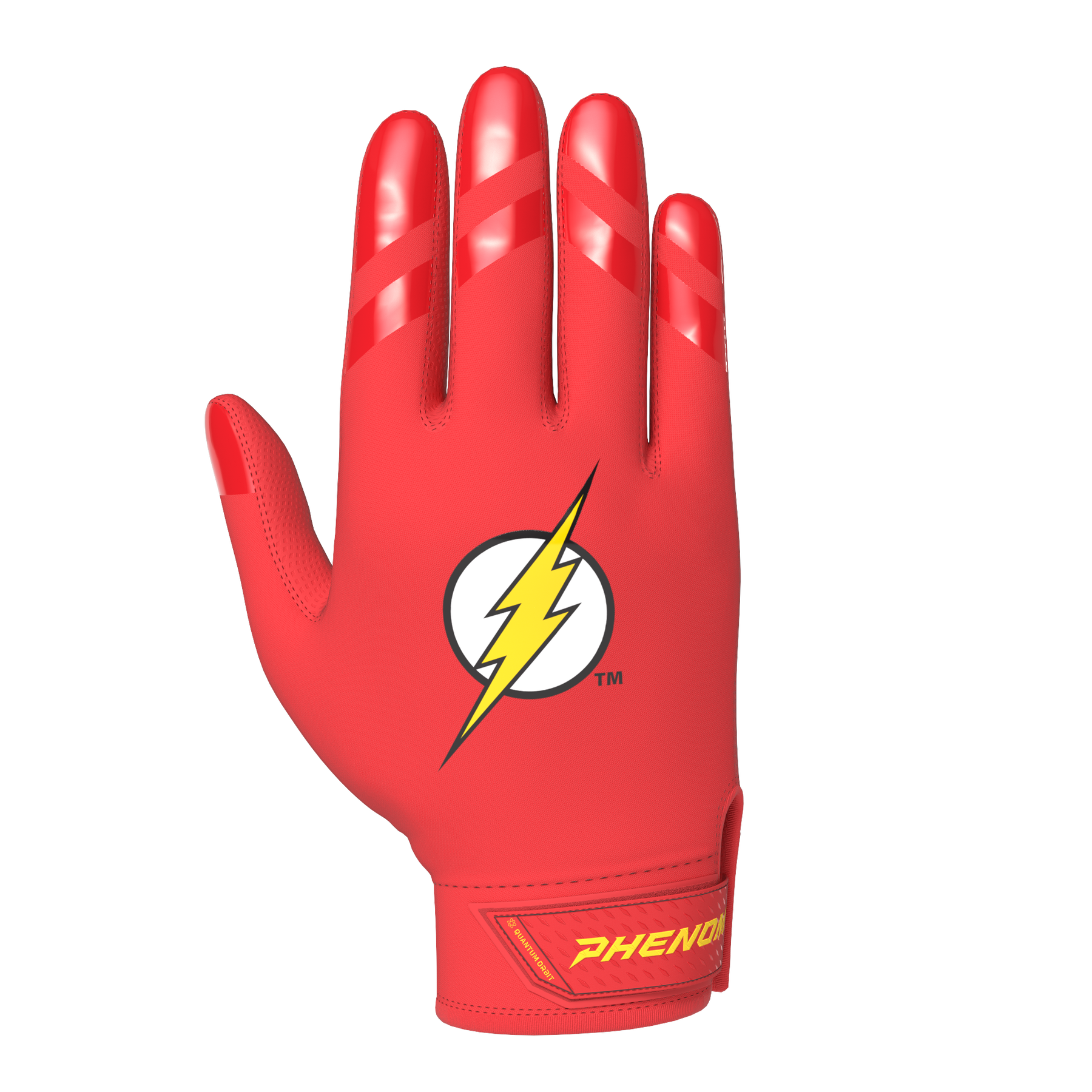 Phenom Elite x DC Comics The Flash Batting Gloves on the Quantum Orbit platform — best batting gloves for youth baseball, red and yellow lightning bolt graphic