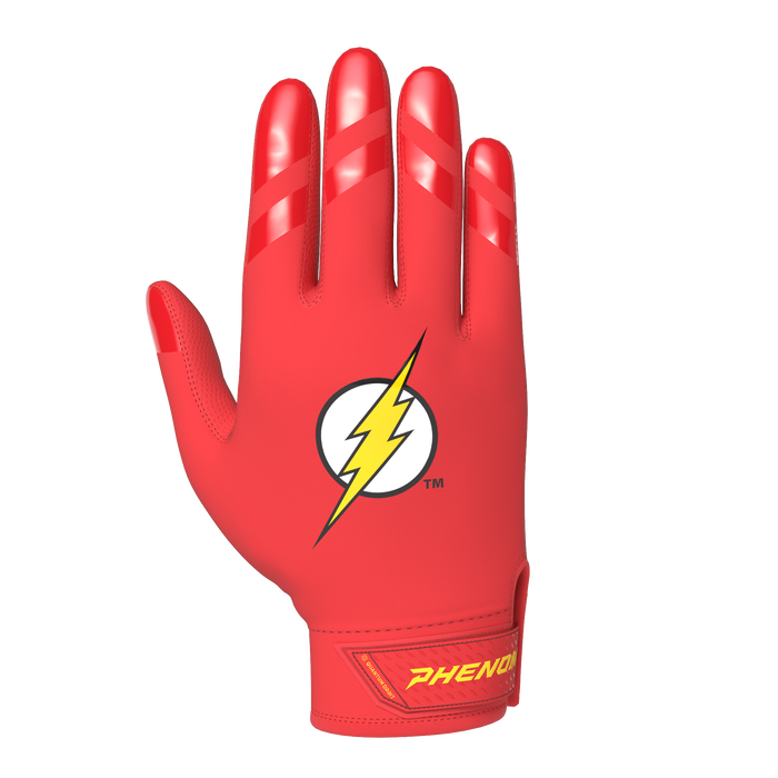 Phenom Elite x DC Comics The Flash Batting Gloves on the Quantum Orbit platform — best batting gloves for youth baseball, red and yellow lightning bolt graphic