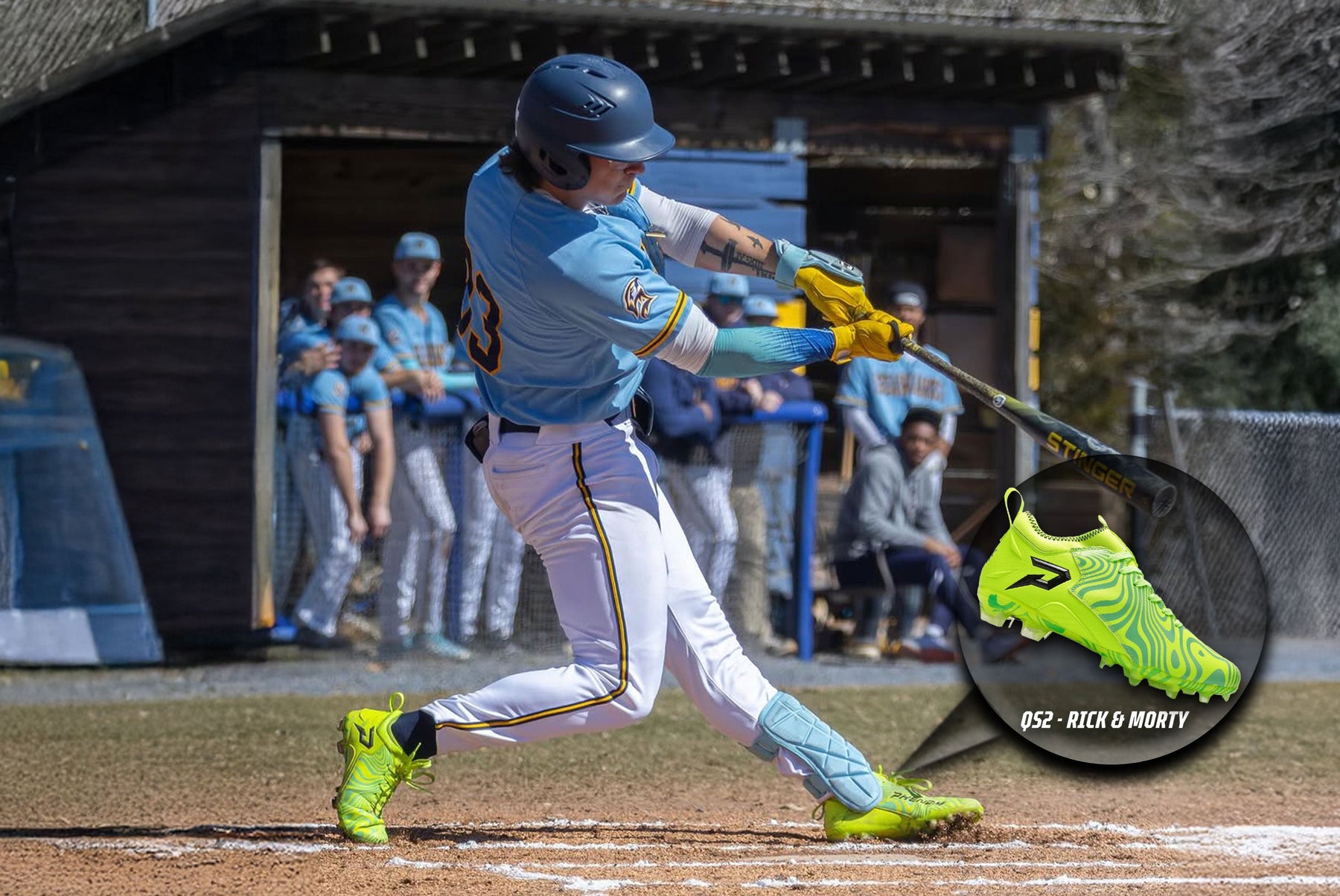 Phenom Elite Rick and Morty Quantum Speed 2.0 cleats in action on the baseball diamond — slime green low-cut speed cleats with portal-inspired graphics
