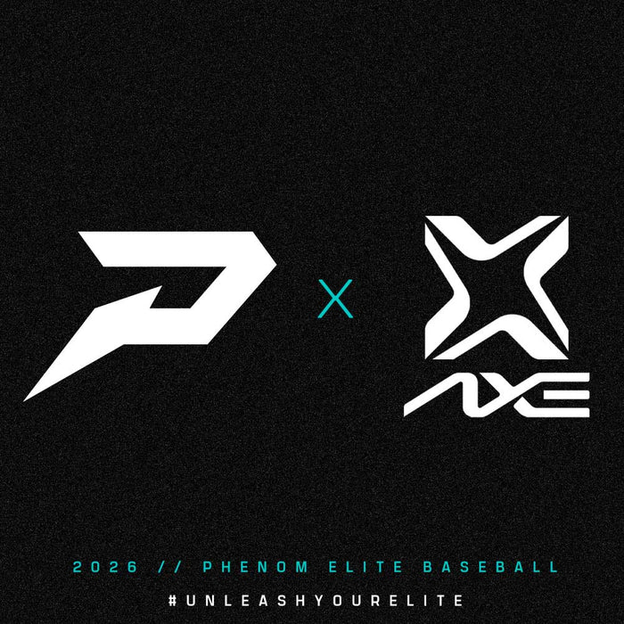 Phenom Elite Baseball partnership with Axe Bats announcement — official authorized seller graphic featuring Axe lineup and Phenom Elite Baseball branding