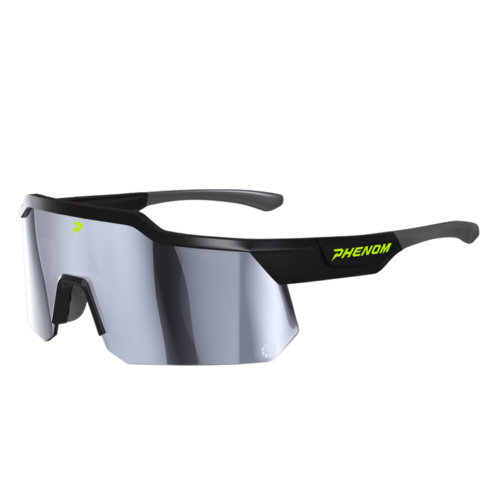 Phenom Focus Performance Sunglasses in Black Ops — blacked-out wraparound athletic sunglasses with ClearTrack lens technology and LockFit grip system at Phenom Elite Baseball