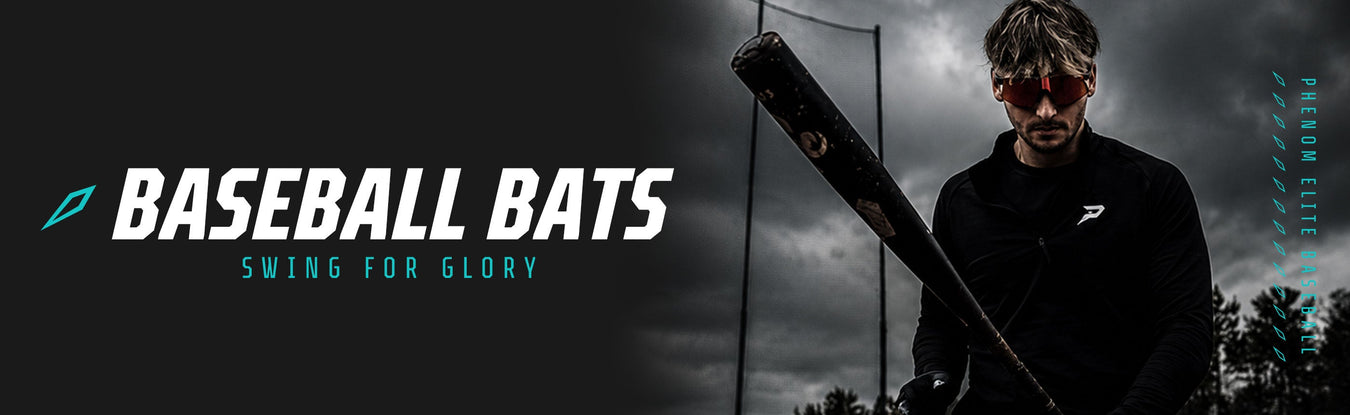 Phenom Elite Baseball Bats collection — Axe Bats lineup including BBCOR, USSSA, USA, Wood, and Slowpitch models featured against a teal Phenom Elite Baseball background