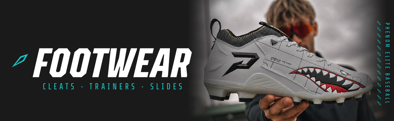 Phenom Elite Baseball Cleats collection — lightweight low-cut Quantum Speed and Quantum Speed 2.0 cleats featured against a teal Phenom Elite Baseball background