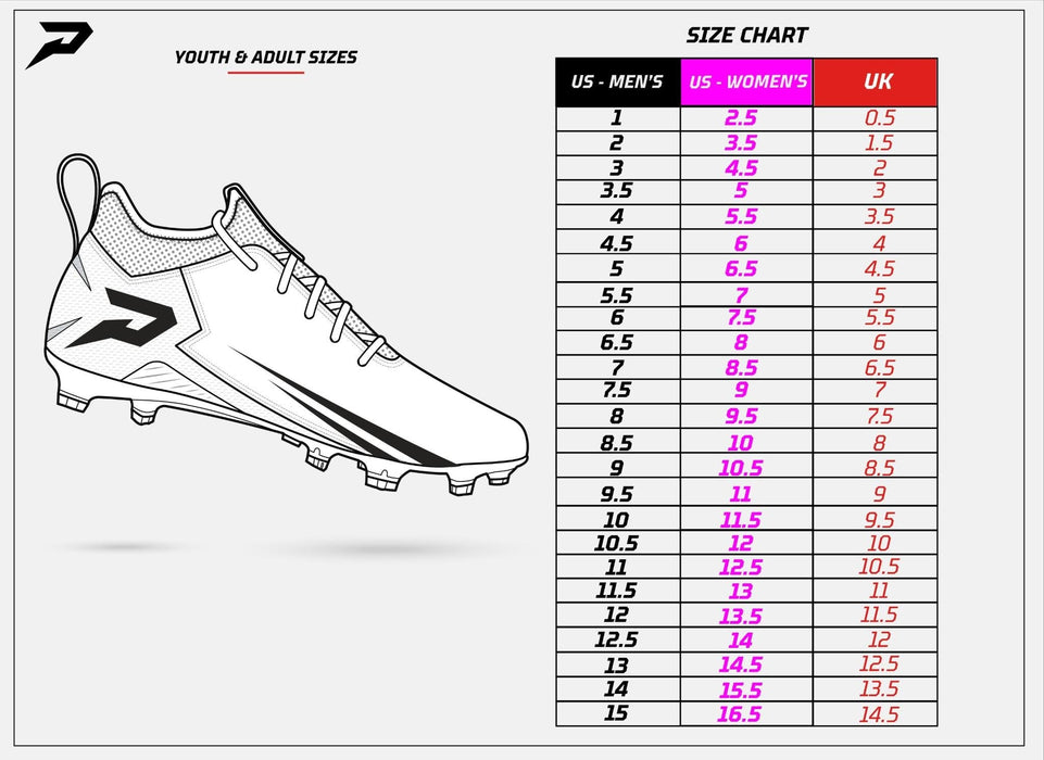 Phenom Elite 2025 cleat size chart — youth and adult sizing 1 through 14