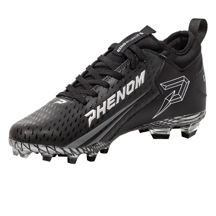 Phenom Elite Quantum Speed 2.0 black football cleat — angled view, low-cut speed silhouette