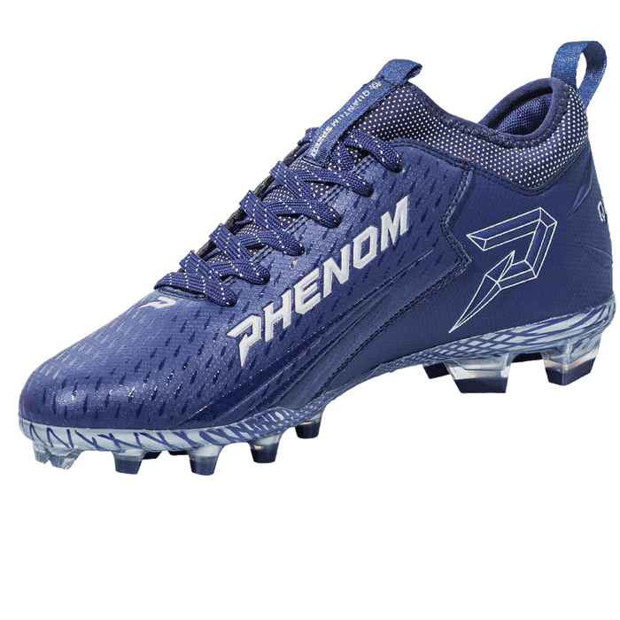 Phenom Elite Quantum Speed 2.0 navy football cleat — angled view, low-cut speed silhouette