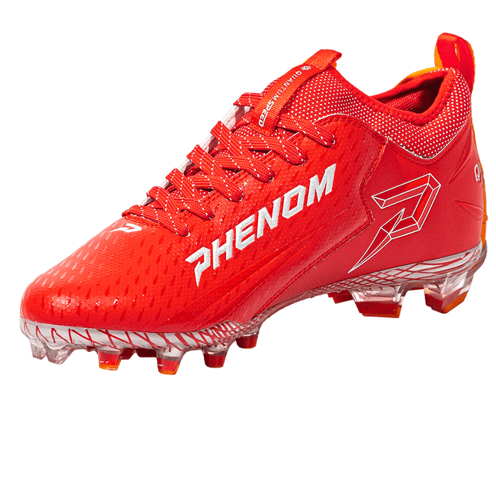 Phenom Elite Quantum Speed 2.0 red football cleat — angled view, low-cut speed silhouette