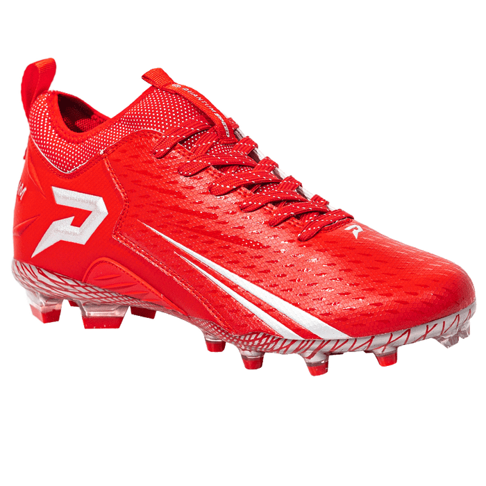 Phenom Elite Quantum Speed 2.0 red football cleat — outsole and SprintSense TPU traction plate detail