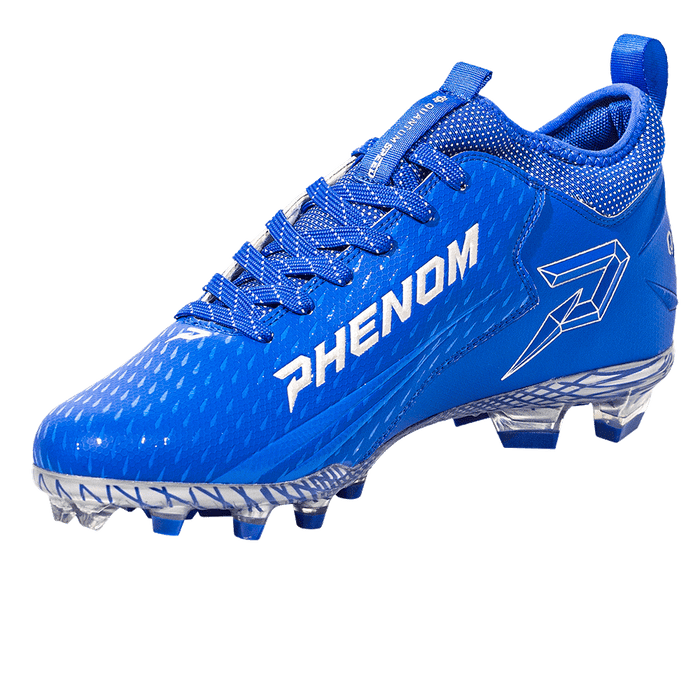 Phenom Elite Quantum Speed 2.0 royal blue football cleat — angled view, low-cut speed silhouette