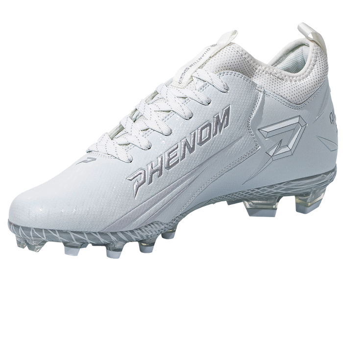 Phenom Elite Quantum Speed 2.0 white football cleat — angled view, low-cut speed silhouette