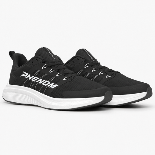 Phenom Elite Quantum Pulse training shoe in Obsidian black with white cushioned midsole, side view of a pair