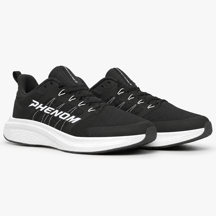 Phenom Elite Quantum Pulse training shoe in Obsidian black with white cushioned midsole, side view of a pair