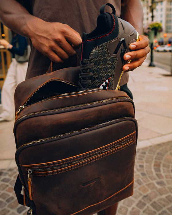 Phenom Elite Heritage coffee leather backpack with padded leather straps