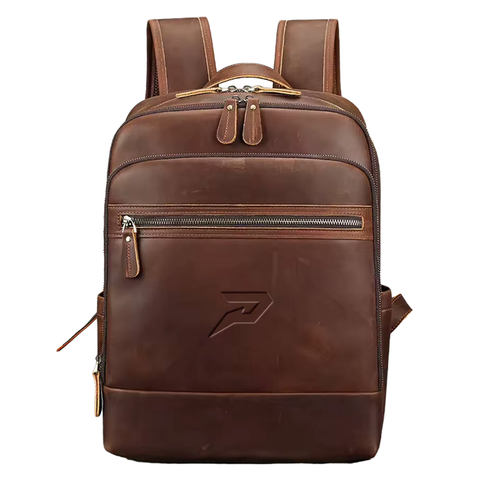 Phenom Elite Heritage Leather Backpack in coffee brown genuine leather with embossed Phenom P