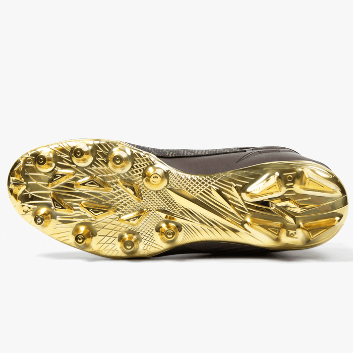 Luxury Warhawk football cleat with brown-and-gold woven upper and metallic gold outsole