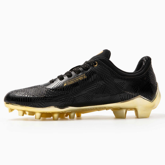 Phenom Elite Quantum Carbon Gold Rush Black & Gold cleat — close-up of black upper and gold accents