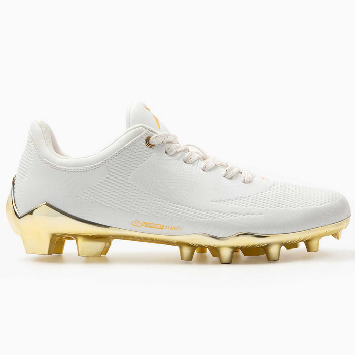 Phenom Elite Quantum Carbon Gold Rush White & Gold cleat — back heel view with metallic gold detailing
