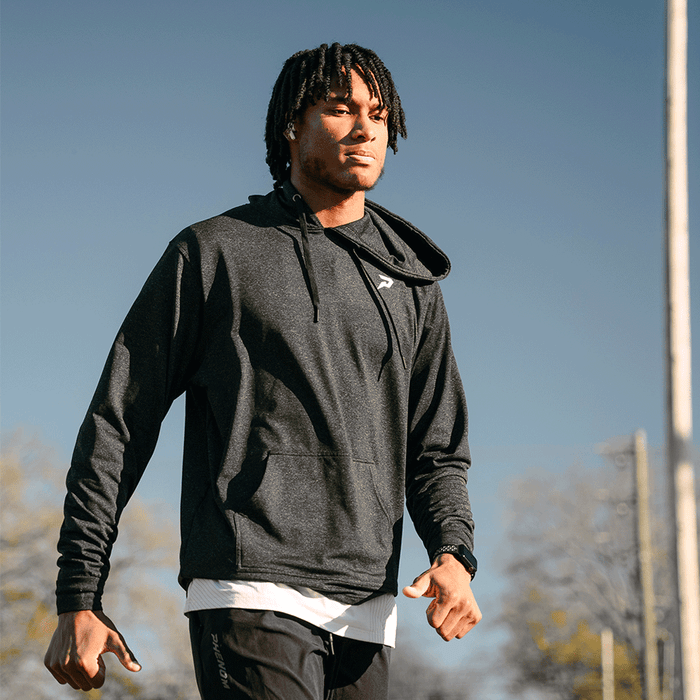 Phenom Elite Baseball Nano Fleece short sleeve performance hoodie — lifestyle on-model view