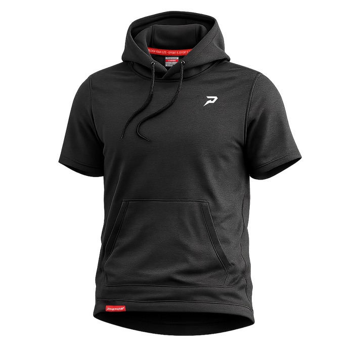 Phenom Elite Baseball Nano Fleece short sleeve performance hoodie — heather black, lightweight brushed interior, youth and adult sizes