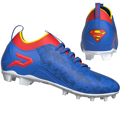 Phenom Elite x DC Comics Superman cleat — Quantum Speed royal blue and red low-cut speed cleat, hero shot