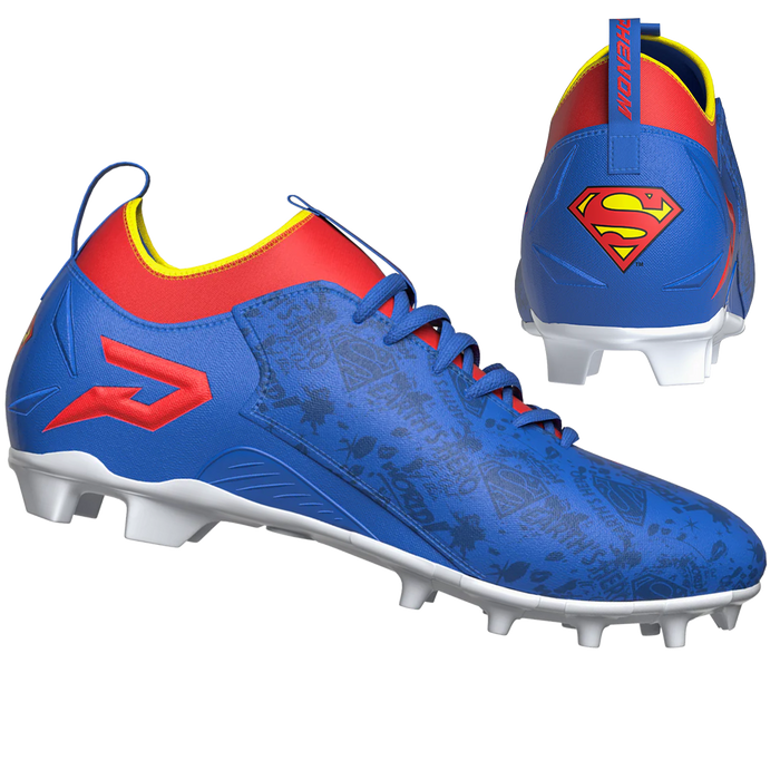 Phenom Elite x DC Comics Superman cleat — Quantum Speed royal blue and red low-cut speed cleat, hero shot