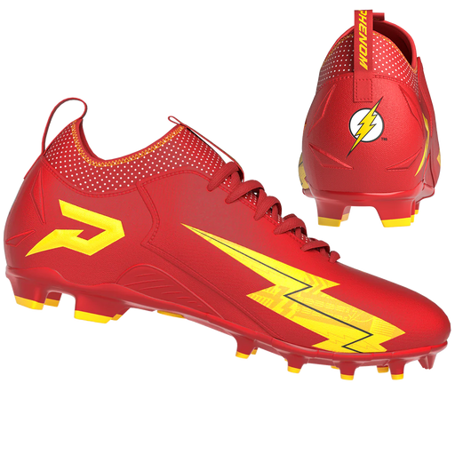 Phenom Elite x DC Comics The Flash cleat — Quantum Speed red and yellow low-cut speed cleat, hero shot