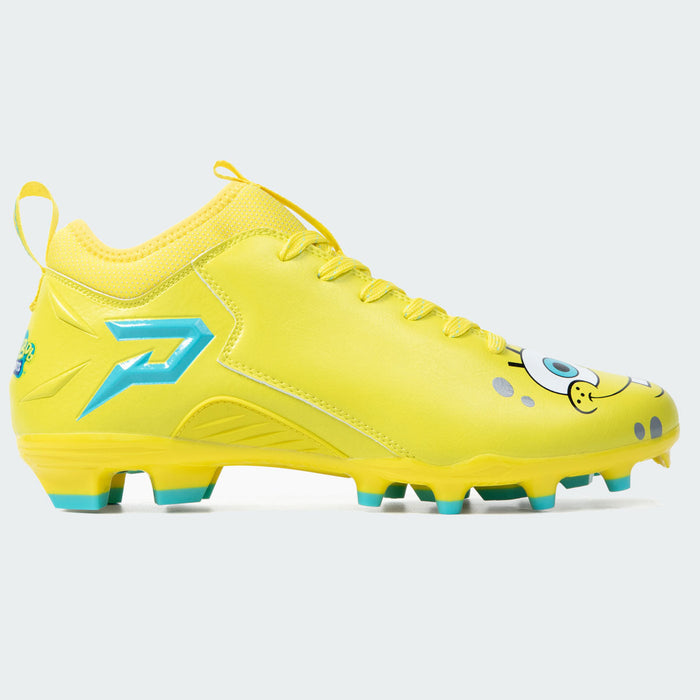 Phenom Elite SpongeBob cleat — close-up of microfiber upper and laces