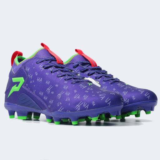 Phenom Elite x DC Comics Classic Joker cleat — Quantum Speed purple low-cut speed cleat, hero shot of both shoes