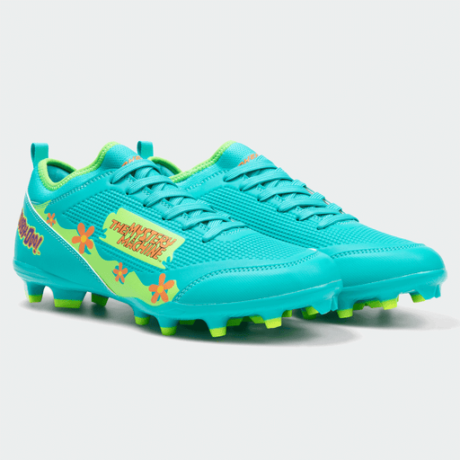 Phenom Elite x Scooby-Doo Mystery Machine cleat — Velocity 3.0 teal and orange low-cut speed cleat, hero shot