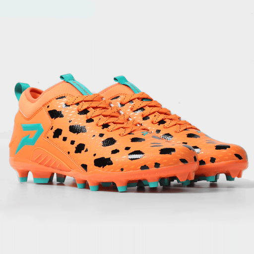 Phenom Elite x Warner Bros Flintstones Bedrock Blitz cleat — Quantum Speed orange low-cut speed cleat, hero shot