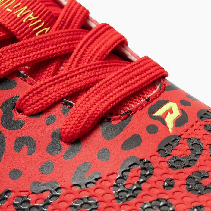 Phenom Elite Quantum Carbon Red Leopard cleat — close-up of red leopard print upper