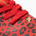 Phenom Elite Quantum Carbon Red Leopard cleat — close-up of red leopard print upper