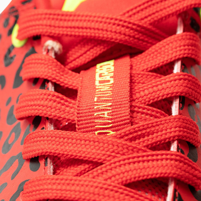 Phenom Elite Quantum Carbon Red Leopard cleat — close-up of laces