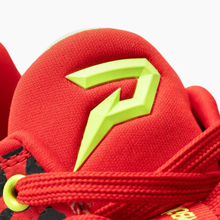 Phenom Elite Quantum Carbon Red Leopard cleat — close-up of tongue and branding