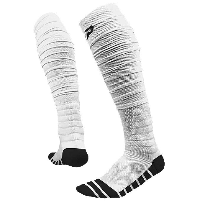 Phenom Elite Quantum Knit padded scrunch socks — white extra-long performance baseball socks, side view