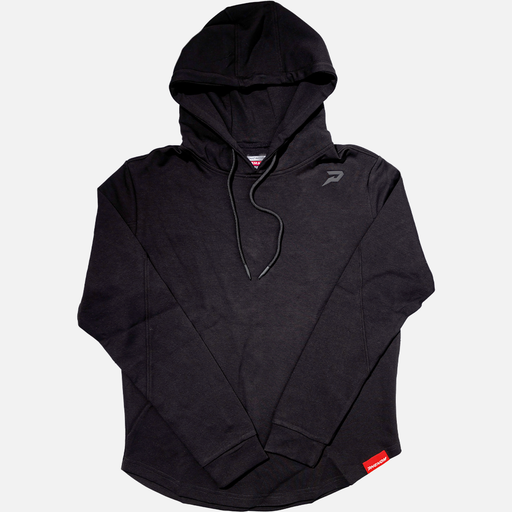Phenom Elite Baseball Performance Scooped Hem Hoodie — black, oversized scooped hem silhouette with embroidered Phenom logo
