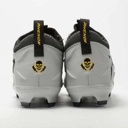 Phenom Elite Warhawk cleat — back view of both shoes, heel padding and skull-and-bolt heel badge