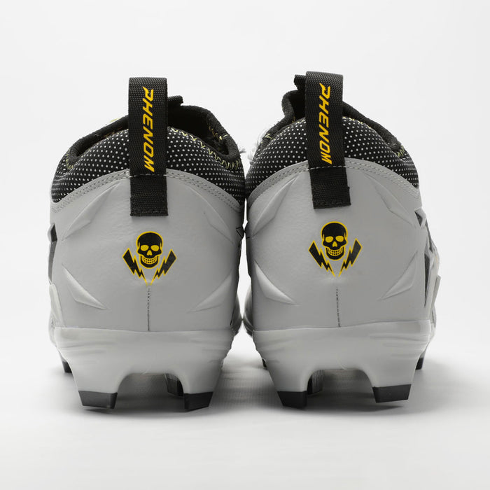 Phenom Elite Warhawk cleat — back view of both shoes, heel padding and skull-and-bolt heel badge