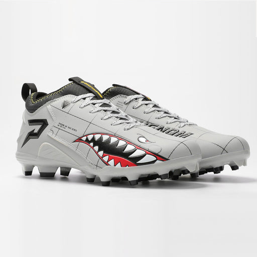 Phenom Elite Warhawk low-cut speed cleat — heather grey aviation colorway, side view of both shoes